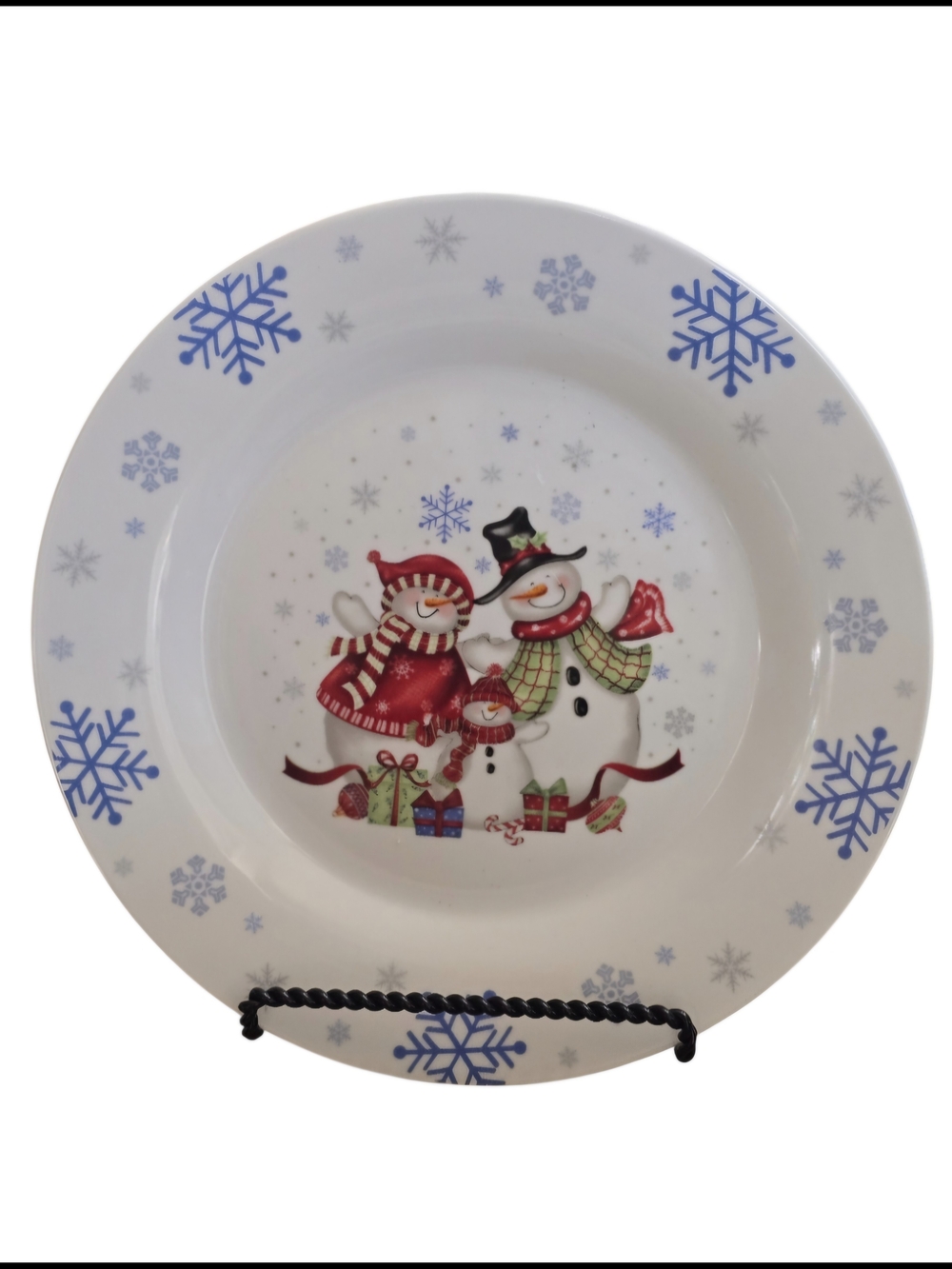 Festive Snowman Holiday Dinner Plate - Blue & Red Snowflake Design